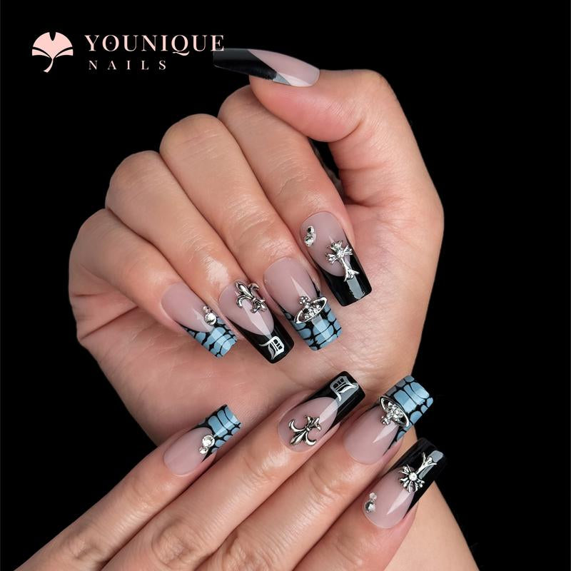 Buy 10, Get 10 Free! [Machine-Made] 24Pcs/Set Reusablefalse Nails with Rhinestone & Floral Decor for Women & Girls DIY Nailsart, French Style Press on Nails, Stickon Nails Glue on Nails, Manicure Fullcover Sticker Nails Gift