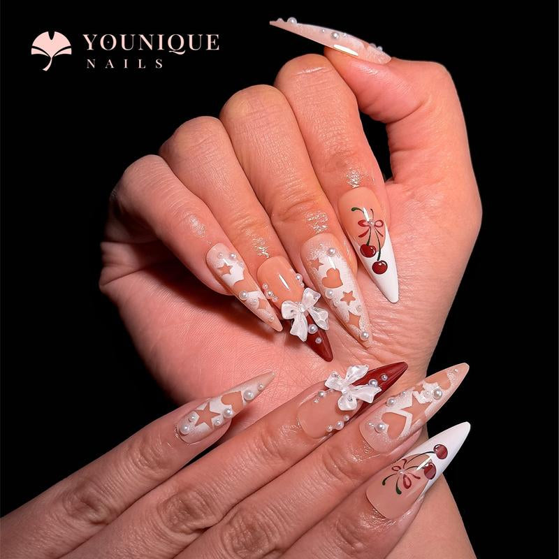 Buy 10, Get 10 Free! [Machine-Made] 24Pcs/Set Reusablefalse Nails with Rhinestone & Floral Decor for Women & Girls DIY Nailsart, French Style Press on Nails, Stickon Nails Glue on Nails, Manicure Fullcover Sticker Nails Gift