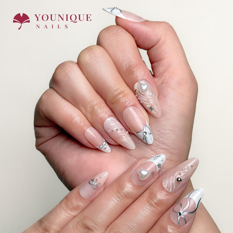 Buy 10, Get 10 Free! [Machine-Made] 24Pcs/Set Reusablefalse Nails with Rhinestone & Floral Decor for Women & Girls DIY Nailsart, French Style Press on Nails, Stickon Nails Glue on Nails, Manicure Fullcover Sticker Nails Gift