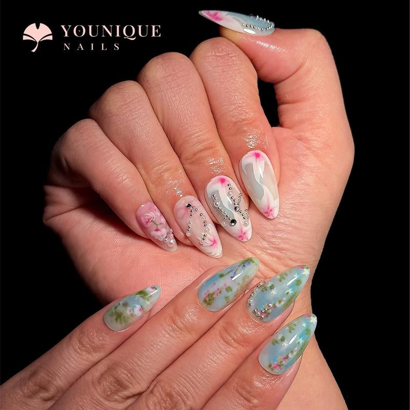 Buy 10, Get 10 Free! [Machine-Made] 24Pcs/Set Reusablefalse Nails with Rhinestone & Floral Decor for Women & Girls DIY Nailsart, French Style Press on Nails, Stickon Nails Glue on Nails, Manicure Fullcover Sticker Nails Gift