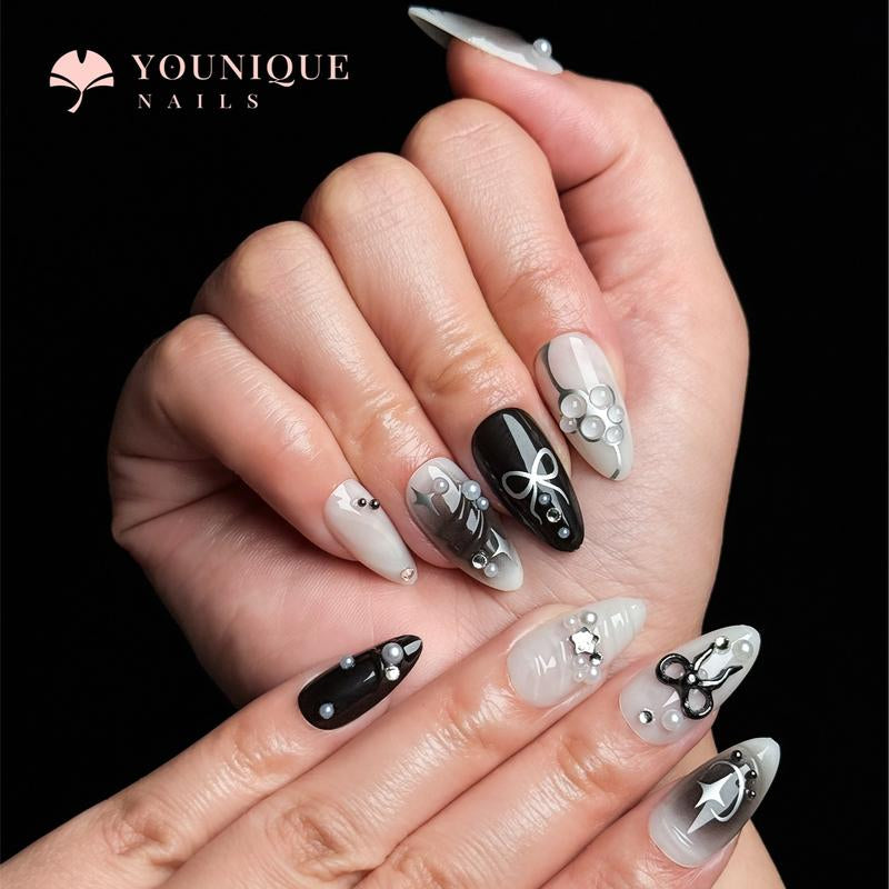 Buy 10, Get 10 Free! [Machine-Made] 24Pcs/Set Reusablefalse Nails with Rhinestone & Floral Decor for Women & Girls DIY Nailsart, French Style Press on Nails, Stickon Nails Glue on Nails, Manicure Fullcover Sticker Nails Gift