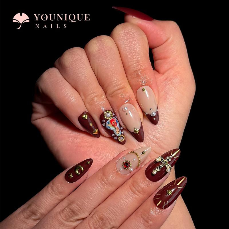 Buy 10, Get 10 Free! [Machine-Made] 24Pcs/Set Reusablefalse Nails with Rhinestone & Floral Decor for Women & Girls DIY Nailsart, French Style Press on Nails, Stickon Nails Glue on Nails, Manicure Fullcover Sticker Nails Gift