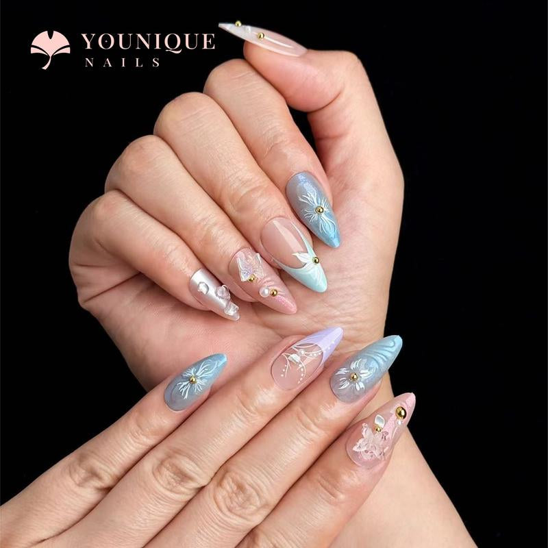 Buy 10, Get 10 Free! [Machine-Made] 24Pcs/Set Reusablefalse Nails with Rhinestone & Floral Decor for Women & Girls DIY Nailsart, French Style Press on Nails, Stickon Nails Glue on Nails, Manicure Fullcover Sticker Nails Gift