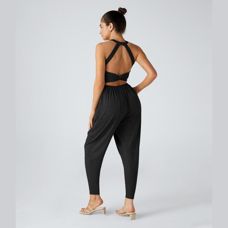 Halara Backless Twisted U Neck Side Pocket Harem Casual Jumpsuit-Easy Peezy Edition