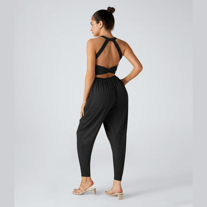 Halara Backless Twisted U Neck Side Pocket Harem Casual Jumpsuit-Easy Peezy Edition