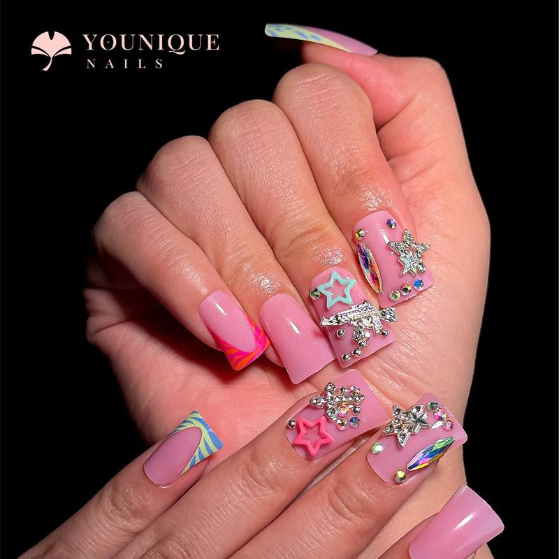 Buy 10, Get 10 Free! [Machine-Made] 24Pcs/Set Reusablefalse Nails with Rhinestone & Floral Decor for Women & Girls DIY Nailsart, French Style Press on Nails, Stickon Nails Glue on Nails, Manicure Fullcover Sticker Nails Gift