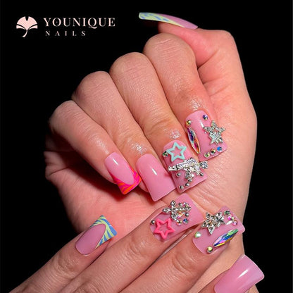 Buy 10, Get 10 Free! [Machine-Made] 24Pcs/Set Reusablefalse Nails with Rhinestone & Floral Decor for Women & Girls DIY Nailsart, French Style Press on Nails, Stickon Nails Glue on Nails, Manicure Fullcover Sticker Nails Gift