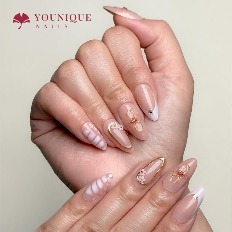 Buy 10, Get 10 Free! [Machine-Made] 24Pcs/Set Reusablefalse Nails with Rhinestone & Floral Decor for Women & Girls DIY Nailsart, French Style Press on Nails, Stickon Nails Glue on Nails, Manicure Fullcover Sticker Nails Gift