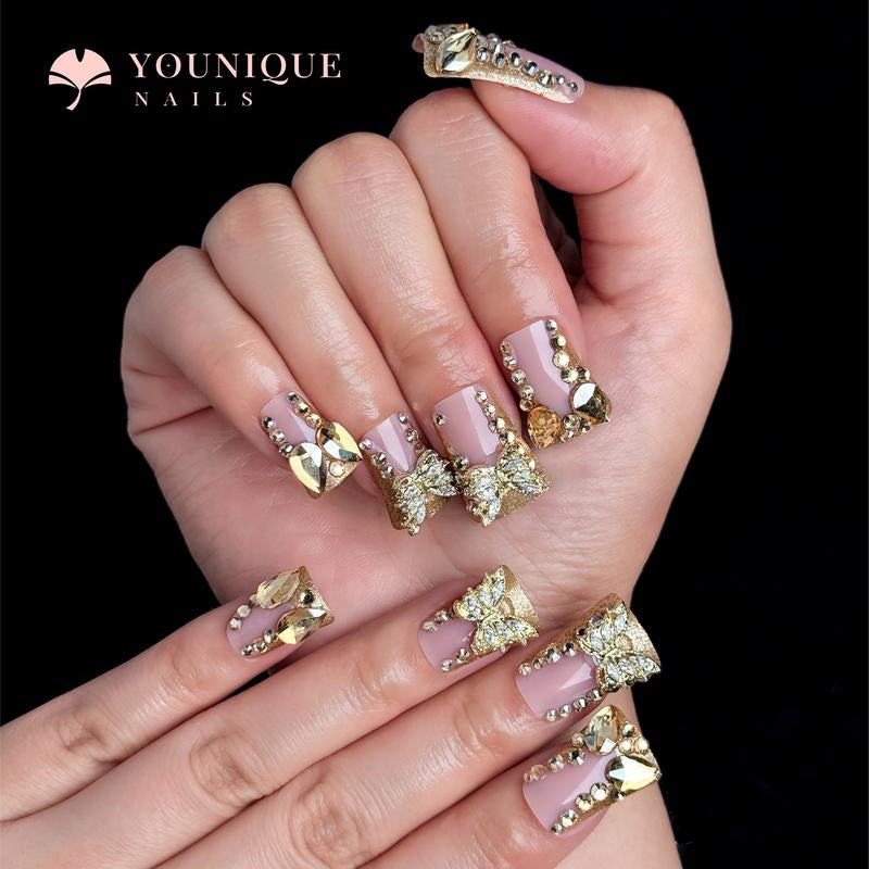 Buy 10, Get 10 Free! [Machine-Made] 24Pcs/Set Reusablefalse Nails with Rhinestone & Floral Decor for Women & Girls DIY Nailsart, French Style Press on Nails, Stickon Nails Glue on Nails, Manicure Fullcover Sticker Nails Gift