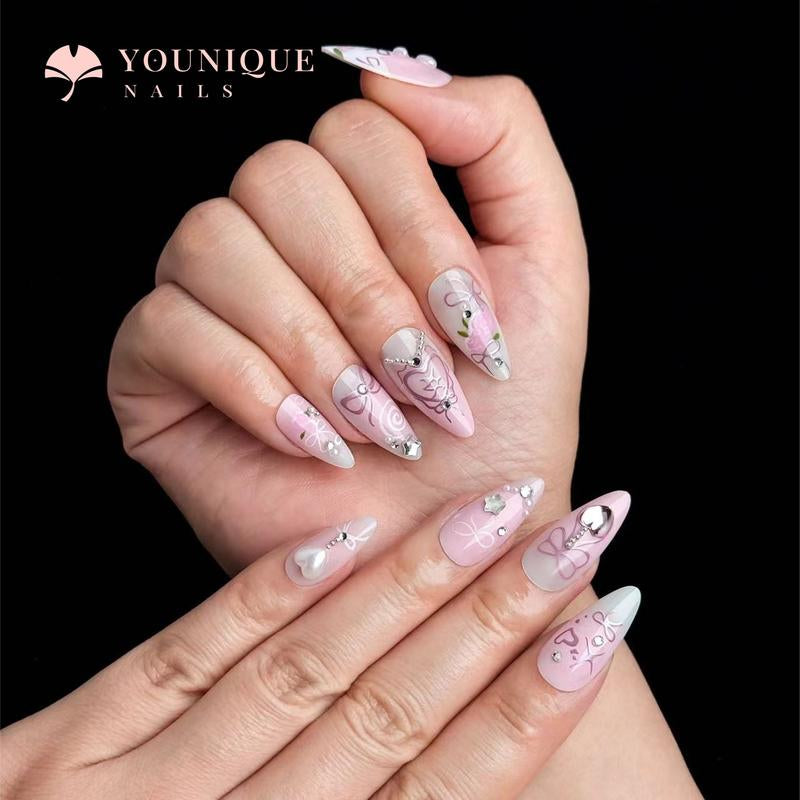 Buy 10, Get 10 Free! [Machine-Made] 24Pcs/Set Reusablefalse Nails with Rhinestone & Floral Decor for Women & Girls DIY Nailsart, French Style Press on Nails, Stickon Nails Glue on Nails, Manicure Fullcover Sticker Nails Gift