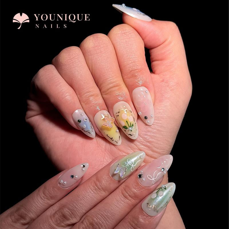Buy 10, Get 10 Free! [Machine-Made] 24Pcs/Set Reusablefalse Nails with Rhinestone & Floral Decor for Women & Girls DIY Nailsart, French Style Press on Nails, Stickon Nails Glue on Nails, Manicure Fullcover Sticker Nails Gift