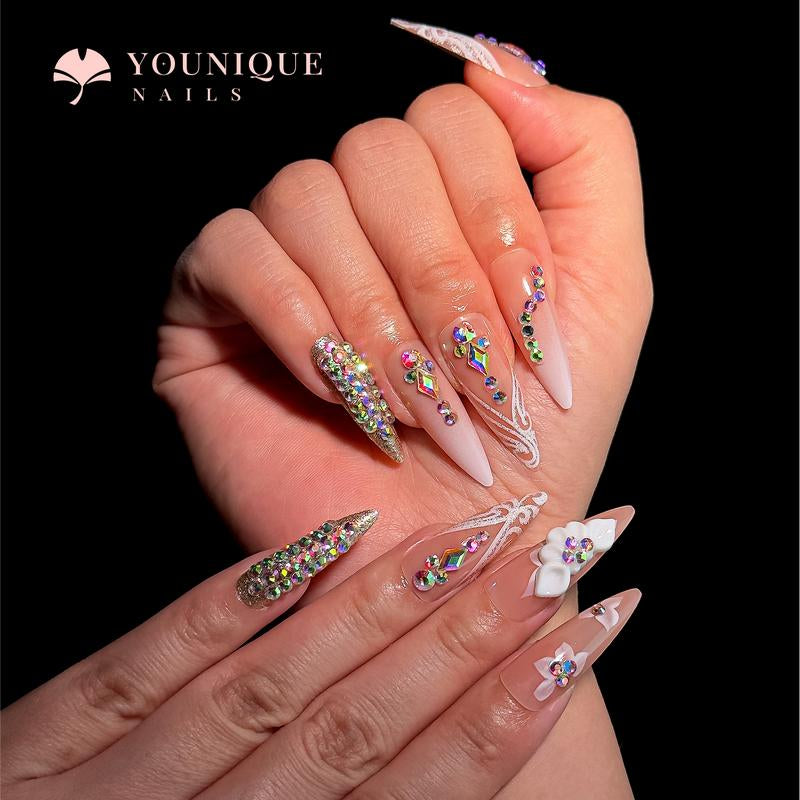 Buy 10, Get 10 Free! [Machine-Made] 24Pcs/Set Reusablefalse Nails with Rhinestone & Floral Decor for Women & Girls DIY Nailsart, French Style Press on Nails, Stickon Nails Glue on Nails, Manicure Fullcover Sticker Nails Gift