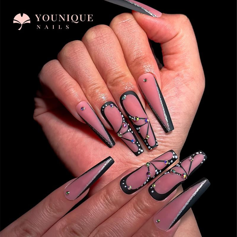 Buy 10, Get 10 Free! [Machine-Made] 24Pcs/Set Reusablefalse Nails with Rhinestone & Floral Decor for Women & Girls DIY Nailsart, French Style Press on Nails, Stickon Nails Glue on Nails, Manicure Fullcover Sticker Nails Gift