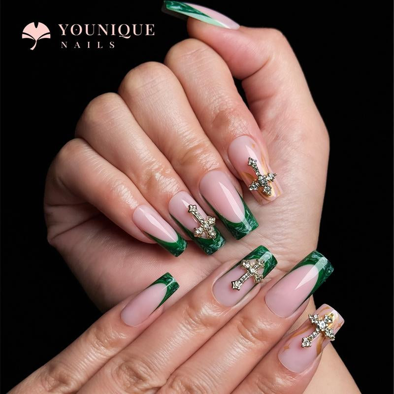 Buy 10, Get 10 Free! [Machine-Made] 24Pcs/Set Reusablefalse Nails with Rhinestone & Floral Decor for Women & Girls DIY Nailsart, French Style Press on Nails, Stickon Nails Glue on Nails, Manicure Fullcover Sticker Nails Gift