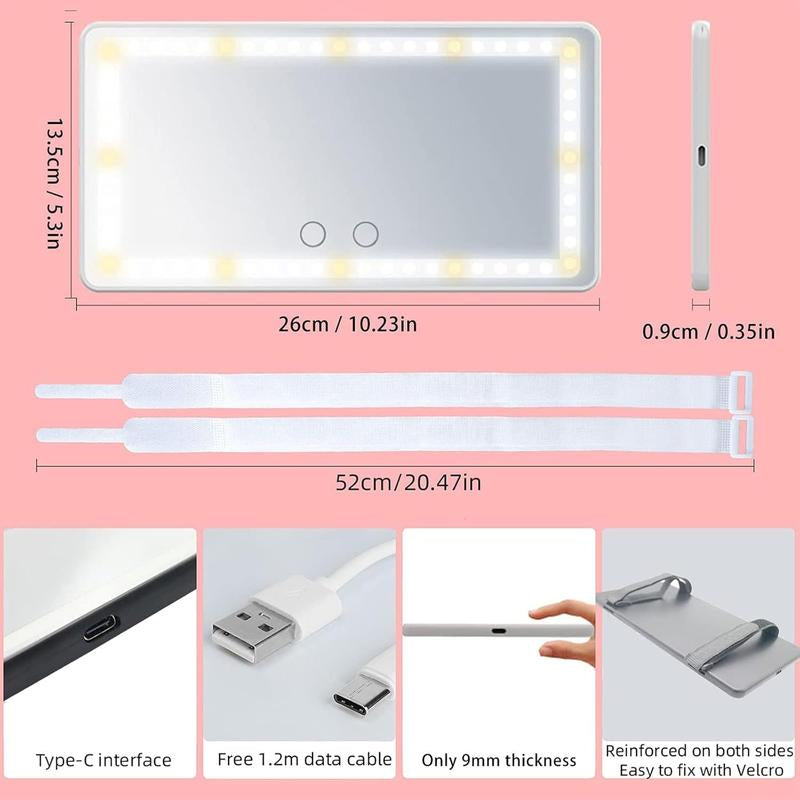 Car Sun Visor Vanity Mirror, Rechargeable Makeup Mirror with 3 Light Modes & 60 Leds - Dimmable Clip-On Rear View Sun-Shading Cosmetic Mirror