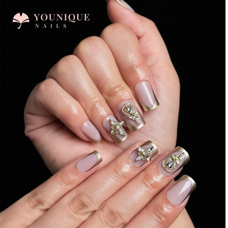 Buy 10, Get 10 Free! [Machine-Made] 24Pcs/Set Reusablefalse Nails with Rhinestone & Floral Decor for Women & Girls DIY Nailsart, French Style Press on Nails, Stickon Nails Glue on Nails, Manicure Fullcover Sticker Nails Gift