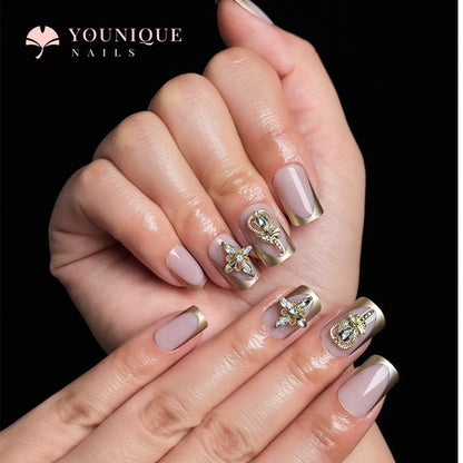 Buy 10, Get 10 Free! [Machine-Made] 24Pcs/Set Reusablefalse Nails with Rhinestone & Floral Decor for Women & Girls DIY Nailsart, French Style Press on Nails, Stickon Nails Glue on Nails, Manicure Fullcover Sticker Nails Gift