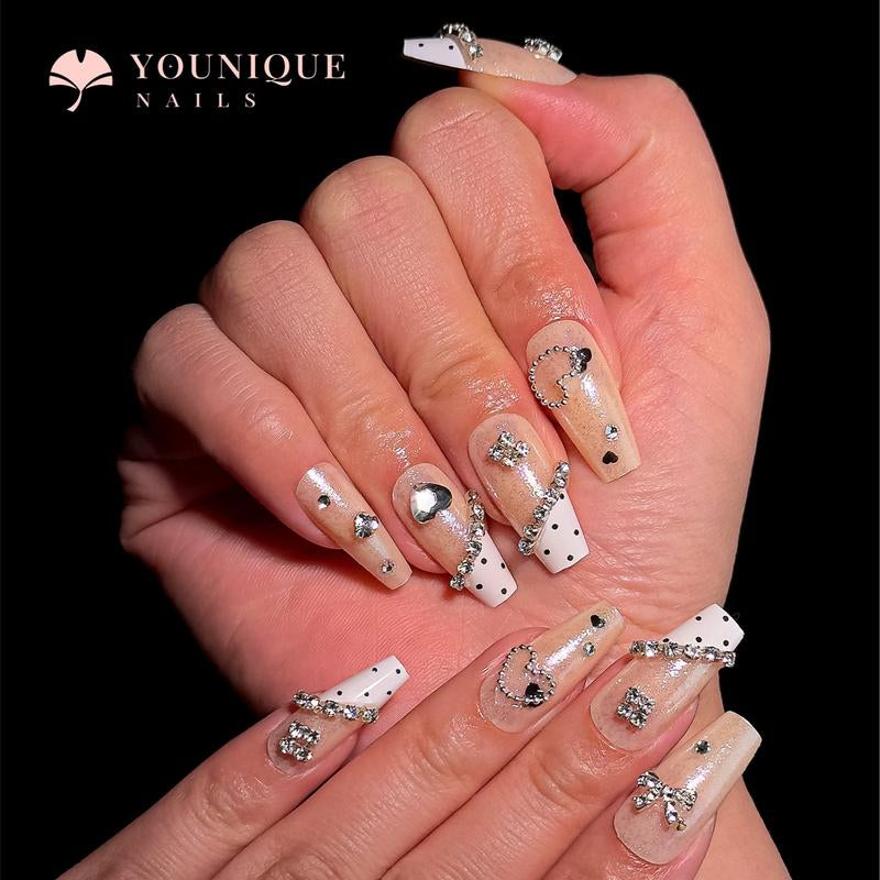Buy 10, Get 10 Free! [Machine-Made] 24Pcs/Set Reusablefalse Nails with Rhinestone & Floral Decor for Women & Girls DIY Nailsart, French Style Press on Nails, Stickon Nails Glue on Nails, Manicure Fullcover Sticker Nails Gift