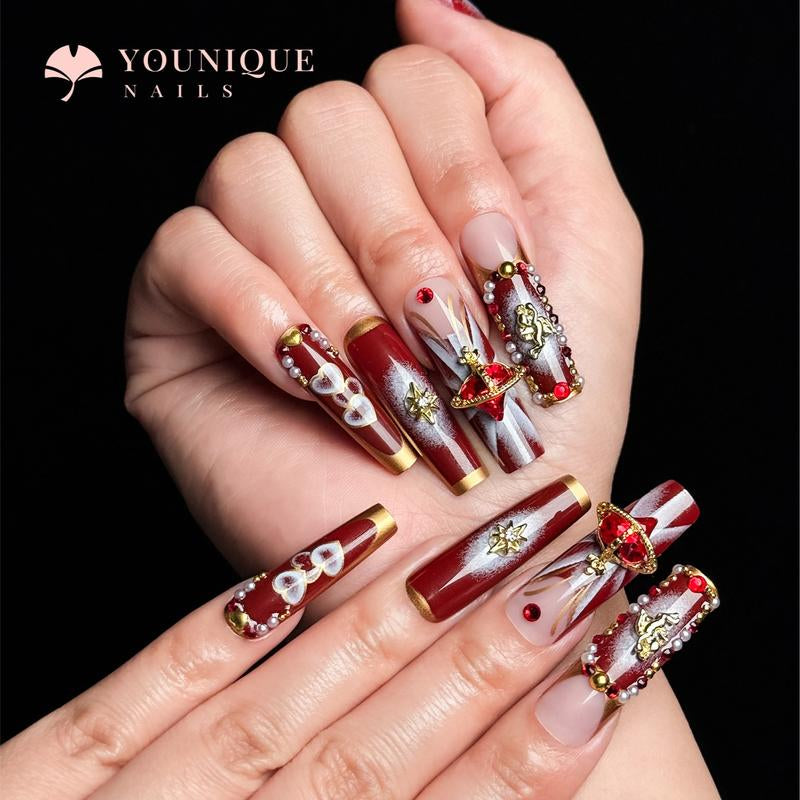 Buy 10, Get 10 Free! [Machine-Made] 24Pcs/Set Reusablefalse Nails with Rhinestone & Floral Decor for Women & Girls DIY Nailsart, French Style Press on Nails, Stickon Nails Glue on Nails, Manicure Fullcover Sticker Nails Gift