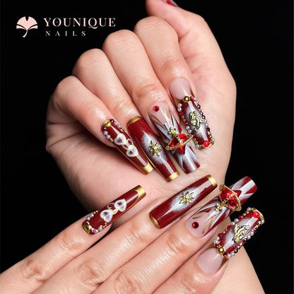 Buy 10, Get 10 Free! [Machine-Made] 24Pcs/Set Reusablefalse Nails with Rhinestone & Floral Decor for Women & Girls DIY Nailsart, French Style Press on Nails, Stickon Nails Glue on Nails, Manicure Fullcover Sticker Nails Gift