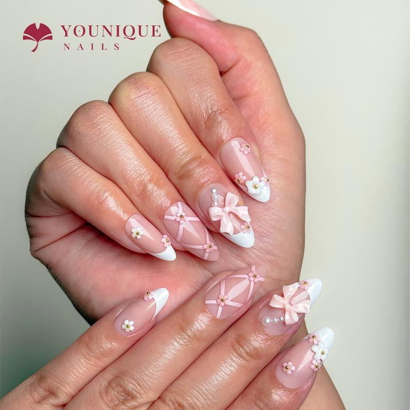 Buy 10, Get 10 Free! [Machine-Made] 24Pcs/Set Reusablefalse Nails with Rhinestone & Floral Decor for Women & Girls DIY Nailsart, French Style Press on Nails, Stickon Nails Glue on Nails, Manicure Fullcover Sticker Nails Gift