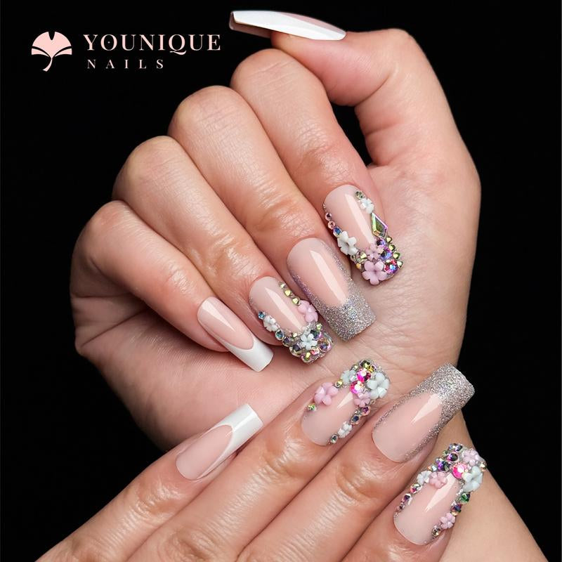 Buy 10, Get 10 Free! [Machine-Made] 24Pcs/Set Reusablefalse Nails with Rhinestone & Floral Decor for Women & Girls DIY Nailsart, French Style Press on Nails, Stickon Nails Glue on Nails, Manicure Fullcover Sticker Nails Gift