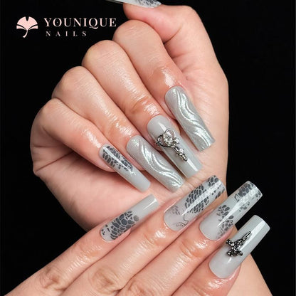 Buy 10, Get 10 Free! [Machine-Made] 24Pcs/Set Reusablefalse Nails with Rhinestone & Floral Decor for Women & Girls DIY Nailsart, French Style Press on Nails, Stickon Nails Glue on Nails, Manicure Fullcover Sticker Nails Gift