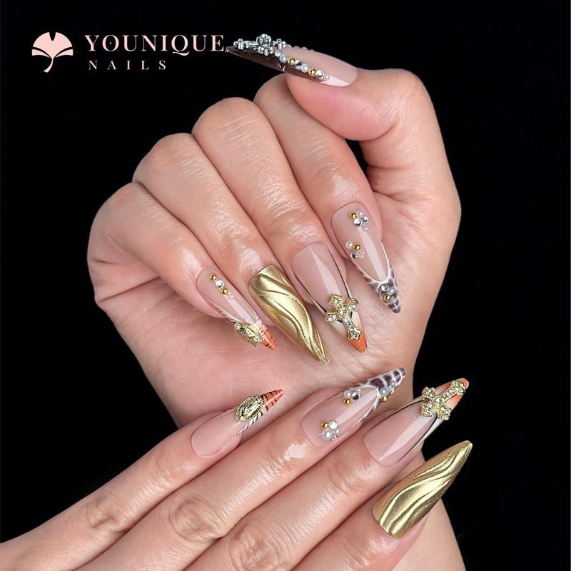 Buy 10, Get 10 Free! [Machine-Made] 24Pcs/Set Reusablefalse Nails with Rhinestone & Floral Decor for Women & Girls DIY Nailsart, French Style Press on Nails, Stickon Nails Glue on Nails, Manicure Fullcover Sticker Nails Gift