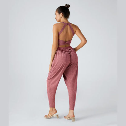 Halara Backless Twisted U Neck Side Pocket Harem Casual Jumpsuit-Easy Peezy Edition