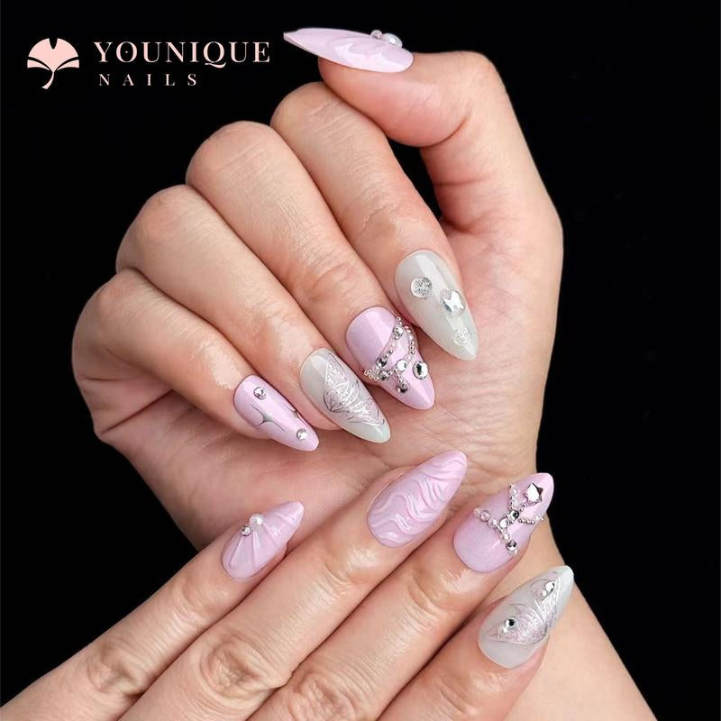 Buy 10, Get 10 Free! [Machine-Made] 24Pcs/Set Reusablefalse Nails with Rhinestone & Floral Decor for Women & Girls DIY Nailsart, French Style Press on Nails, Stickon Nails Glue on Nails, Manicure Fullcover Sticker Nails Gift