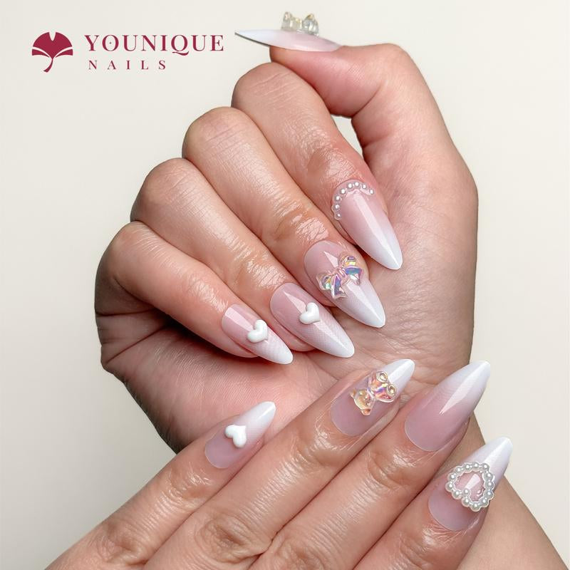 Buy 10, Get 10 Free! [Machine-Made] 24Pcs/Set Reusablefalse Nails with Rhinestone & Floral Decor for Women & Girls DIY Nailsart, French Style Press on Nails, Stickon Nails Glue on Nails, Manicure Fullcover Sticker Nails Gift