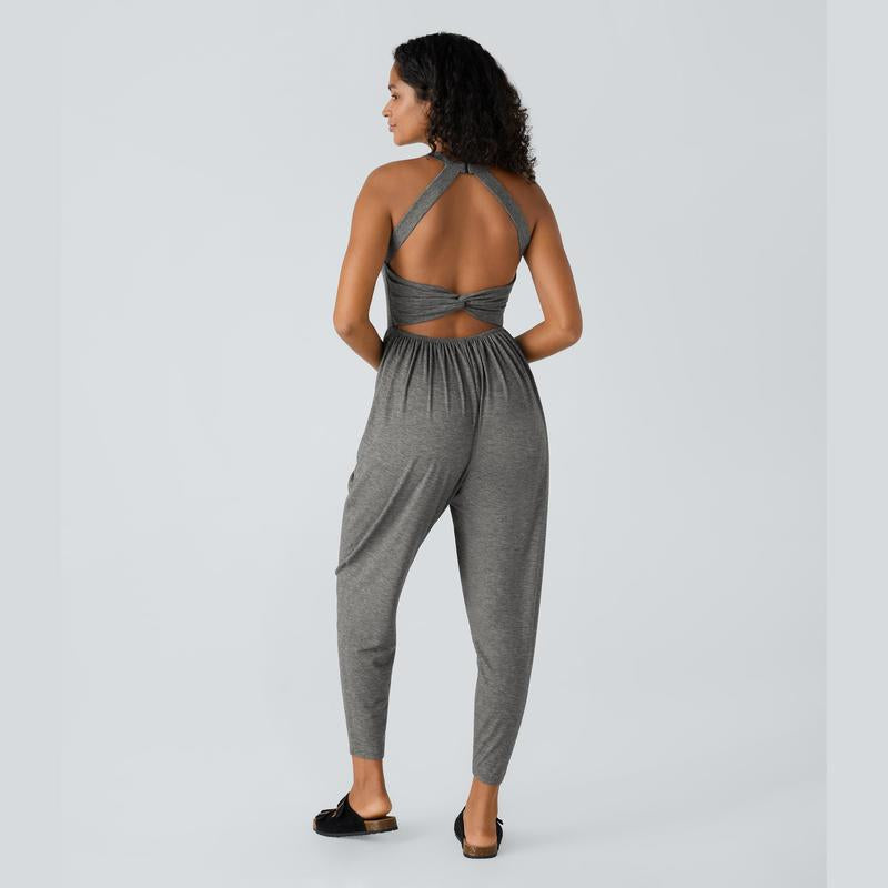 Halara Backless Twisted U Neck Side Pocket Harem Casual Jumpsuit-Easy Peezy Edition