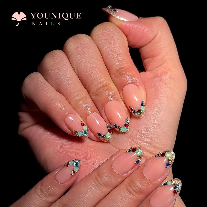 Buy 10, Get 10 Free! [Machine-Made] 24Pcs/Set Reusablefalse Nails with Rhinestone & Floral Decor for Women & Girls DIY Nailsart, French Style Press on Nails, Stickon Nails Glue on Nails, Manicure Fullcover Sticker Nails Gift