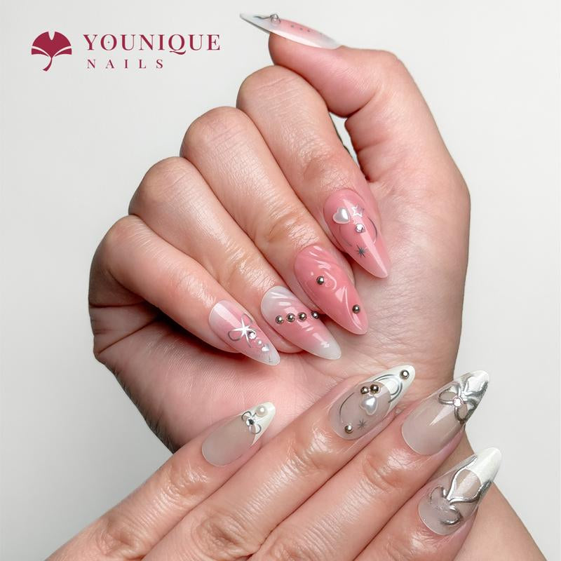 Buy 10, Get 10 Free! [Machine-Made] 24Pcs/Set Reusablefalse Nails with Rhinestone & Floral Decor for Women & Girls DIY Nailsart, French Style Press on Nails, Stickon Nails Glue on Nails, Manicure Fullcover Sticker Nails Gift