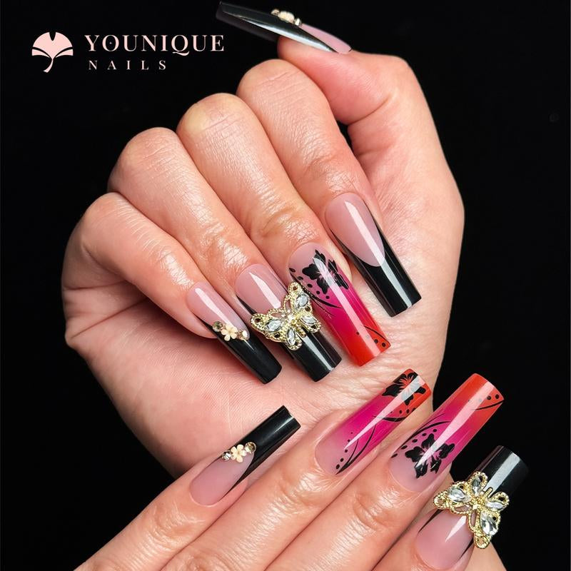 Buy 10, Get 10 Free! [Machine-Made] 24Pcs/Set Reusablefalse Nails with Rhinestone & Floral Decor for Women & Girls DIY Nailsart, French Style Press on Nails, Stickon Nails Glue on Nails, Manicure Fullcover Sticker Nails Gift