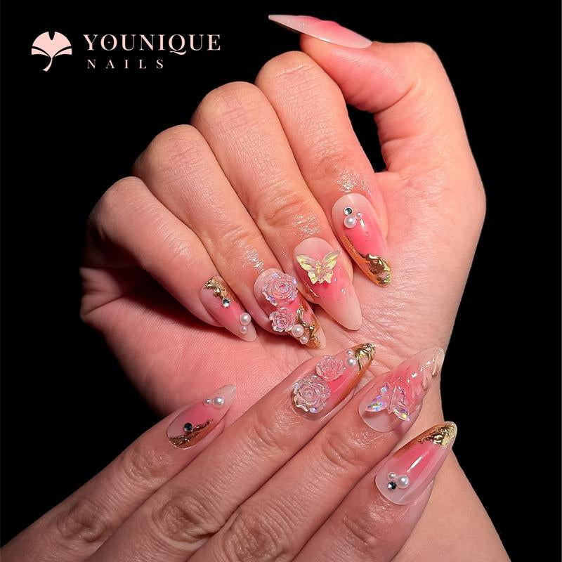 Buy 10, Get 10 Free! [Machine-Made] 24Pcs/Set Reusablefalse Nails with Rhinestone & Floral Decor for Women & Girls DIY Nailsart, French Style Press on Nails, Stickon Nails Glue on Nails, Manicure Fullcover Sticker Nails Gift