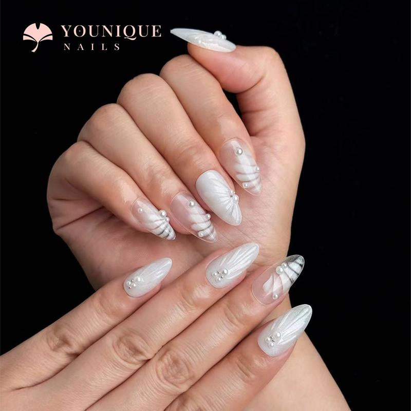 Buy 10, Get 10 Free! [Machine-Made] 24Pcs/Set Reusablefalse Nails with Rhinestone & Floral Decor for Women & Girls DIY Nailsart, French Style Press on Nails, Stickon Nails Glue on Nails, Manicure Fullcover Sticker Nails Gift