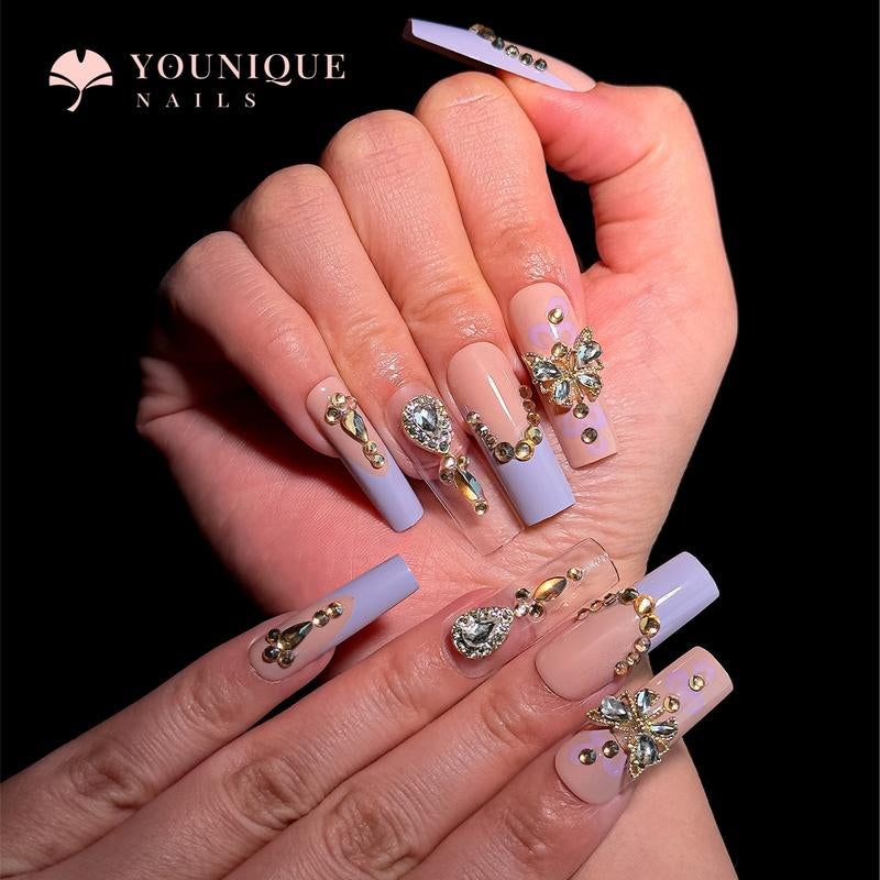 Buy 10, Get 10 Free! [Machine-Made] 24Pcs/Set Reusablefalse Nails with Rhinestone & Floral Decor for Women & Girls DIY Nailsart, French Style Press on Nails, Stickon Nails Glue on Nails, Manicure Fullcover Sticker Nails Gift