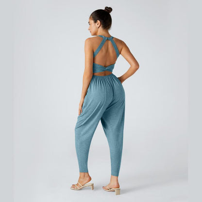 Halara Backless Twisted U Neck Side Pocket Harem Casual Jumpsuit-Easy Peezy Edition