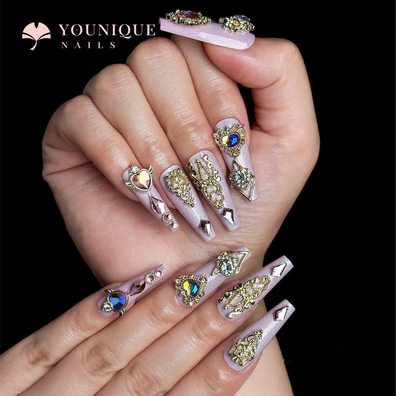Buy 10, Get 10 Free! [Machine-Made] 24Pcs/Set Reusablefalse Nails with Rhinestone & Floral Decor for Women & Girls DIY Nailsart, French Style Press on Nails, Stickon Nails Glue on Nails, Manicure Fullcover Sticker Nails Gift