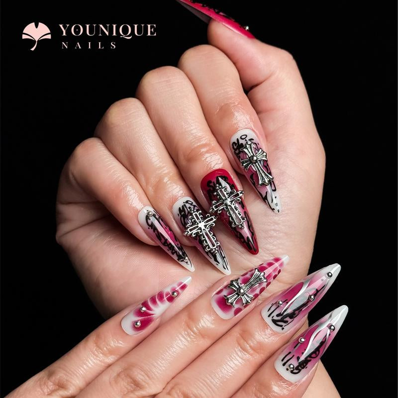 Buy 10, Get 10 Free! [Machine-Made] 24Pcs/Set Reusablefalse Nails with Rhinestone & Floral Decor for Women & Girls DIY Nailsart, French Style Press on Nails, Stickon Nails Glue on Nails, Manicure Fullcover Sticker Nails Gift