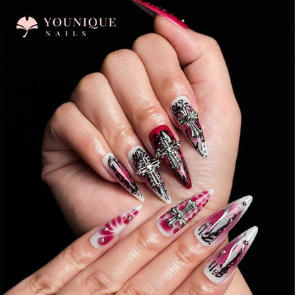 Buy 10, Get 10 Free! [Machine-Made] 24Pcs/Set Reusablefalse Nails with Rhinestone & Floral Decor for Women & Girls DIY Nailsart, French Style Press on Nails, Stickon Nails Glue on Nails, Manicure Fullcover Sticker Nails Gift