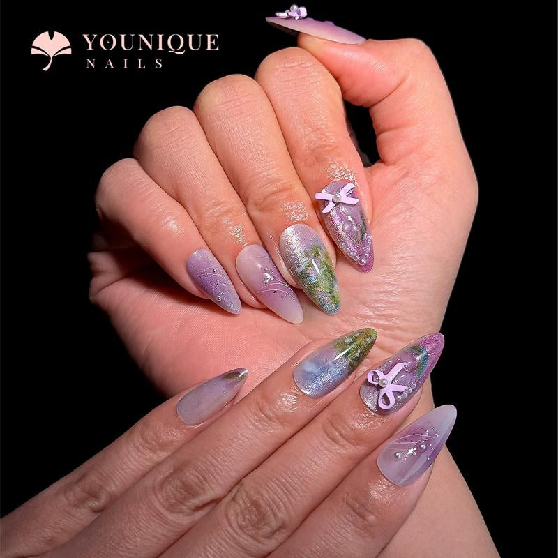 Buy 10, Get 10 Free! [Machine-Made] 24Pcs/Set Reusablefalse Nails with Rhinestone & Floral Decor for Women & Girls DIY Nailsart, French Style Press on Nails, Stickon Nails Glue on Nails, Manicure Fullcover Sticker Nails Gift