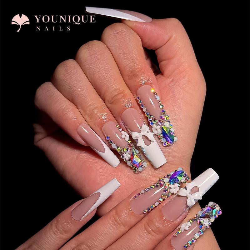 Buy 10, Get 10 Free! [Machine-Made] 24Pcs/Set Reusablefalse Nails with Rhinestone & Floral Decor for Women & Girls DIY Nailsart, French Style Press on Nails, Stickon Nails Glue on Nails, Manicure Fullcover Sticker Nails Gift