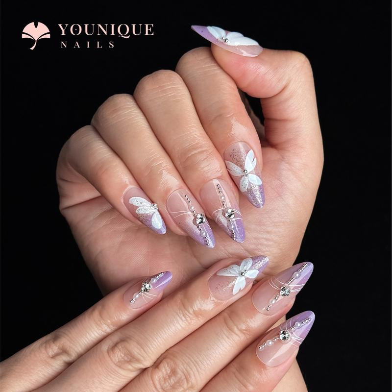 Buy 10, Get 10 Free! [Machine-Made] 24Pcs/Set Reusablefalse Nails with Rhinestone & Floral Decor for Women & Girls DIY Nailsart, French Style Press on Nails, Stickon Nails Glue on Nails, Manicure Fullcover Sticker Nails Gift
