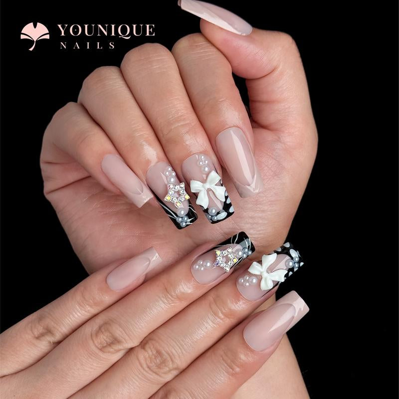 Buy 10, Get 10 Free! [Machine-Made] 24Pcs/Set Reusablefalse Nails with Rhinestone & Floral Decor for Women & Girls DIY Nailsart, French Style Press on Nails, Stickon Nails Glue on Nails, Manicure Fullcover Sticker Nails Gift