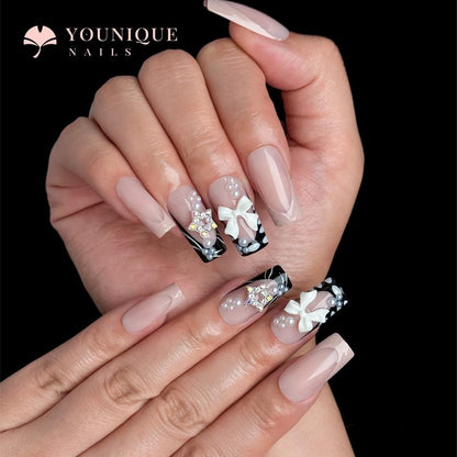 Buy 10, Get 10 Free! [Machine-Made] 24Pcs/Set Reusablefalse Nails with Rhinestone & Floral Decor for Women & Girls DIY Nailsart, French Style Press on Nails, Stickon Nails Glue on Nails, Manicure Fullcover Sticker Nails Gift